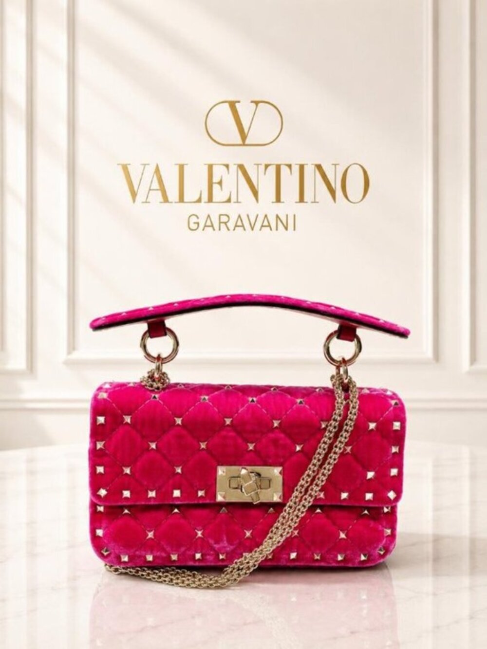Authentic Valentino Rockstud Spike Pink Velvet Shoulder Bag